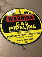 Warning Gas Pipeline metal sign, 11"