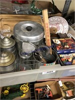 Tub of houshold utensils, cutting board, mugs, etc