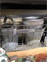 Wire basket w/ watering can(bent), galv. buckets