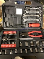 Small tool set in case--sockets, wrenches, bits