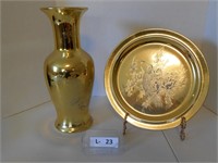 Lot of 2 - Brass Plate and Vase