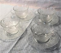 Set of 4 Indiana Sandwich Glass Cups & Saucers