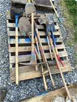 Assorted Shovels, Hammer, Tamper, and Grass Cutter