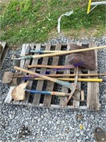 Assorted Shovels, Hammer, Axe and Hoe