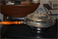 Silver plate and glass serving dish with wooden