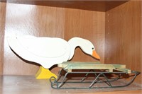 Wooden duck on sleigh, 17 inches long