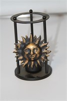 Metal sun themed tea light holder, 5 inches tall