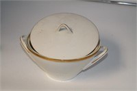 Lidded serving dish with gold rim