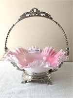 Pink and white brides basket in silver plate