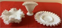 4 Fenton silvertone items  fan vase, ash tray,and