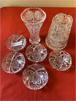7 unmatched crystal items vase 7.5”, 5 berry