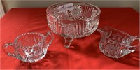 3 crystal items footed center bowl 7.5”and cream