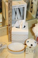 Beautiful gold & white tissue box, soap dish &more
