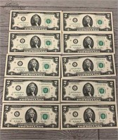 (10) Sequential $2 Bills