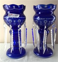 Pair of cobalt lusters with prisms 14”h x 6.25”d