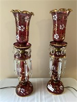 Two cranberry glass luster lamps 25”