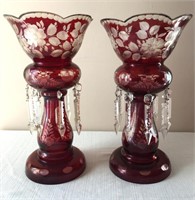 Pair of Bohemian and etched glass lusters with