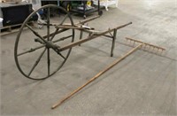 Vintage Measuring Wheel & Wooden Rake