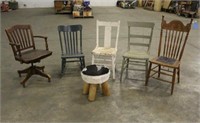 (5) Wooden Chairs & Stool