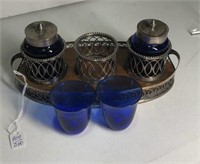 Silver Plate Condiment Set w/ 2 Cobalt Bottles & 2