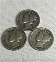 3 Silver Mercury Dimes 1942P, 1940S, 1942P