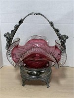 Cranberry Glass Bridal Basket  & Stand
