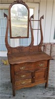 Oak wash stand, mirror & towel rods