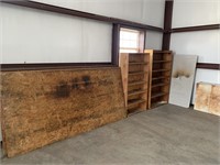 Metal bin, wood shelves, plywood