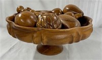 Carved Wood Fruit in Carved Wood Bowl
