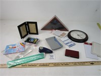 ASSORTED OFFICE ITEMS AND DISPLAY PIECES CLOCK
