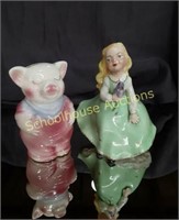 Porcelain Girl Statue marked Laeton and Pig Bank