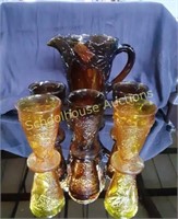 Amber Pitcher with 5 Glasses no marking