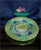 Vintage Green Ashtray and Green Floral Ceramic