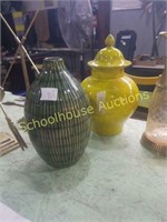 Pair of pottery vases. Yellow one marked made in