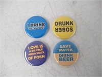 Lot Of (4) Drinking Related Button Pins, Funny
