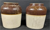 Pair of Two Tone Stoneware Crocks with Lids