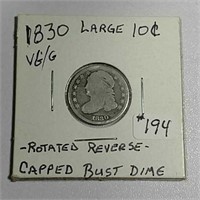 1830  Large10 cent  Bust Dime  VG  Rotated reverse