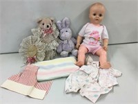 Doll with closing eyes,bear and bunny friends