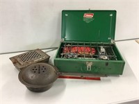 Coleman camp stove, corn poppers