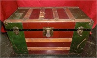 flat top tin covered red & green Victorian trunk