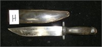H- hand made knife with carved horn handle &