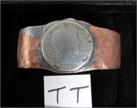 hammered copper bracelet w/1900 Barber 1/2