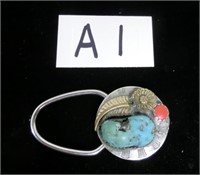 Native Amer. turquoise/coral & silver key chain