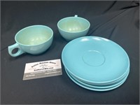 Vtg Melmac (2) Cups (5) Saucers Turquoise 1950s