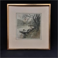 Print of a River scene W/ Boats 17.5x16.5