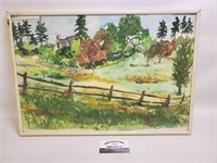 Watercolor Painting Green Country Meadow 22x15.25