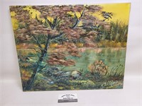 Original Oil Painting Signed Autumn Lakeside 20x16