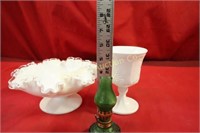 White Milk Glass Pedestal Bowl, Mini Lantern,