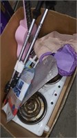 Box of misc with pink ukelele walking poles  etc