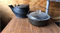 Cast iron teapot and 8 inch cast iron pot